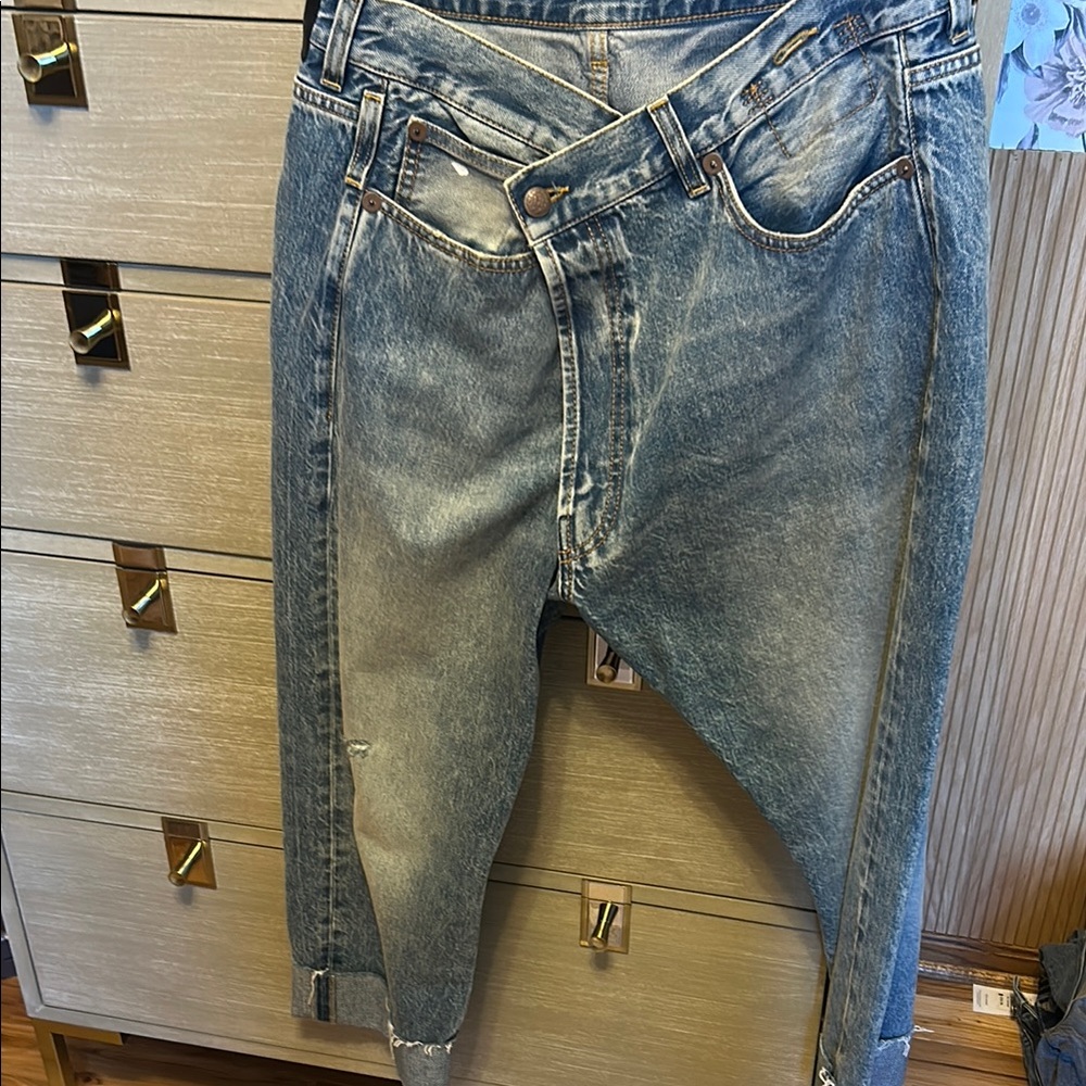R13 crossover crop Blue Acid Wash Jeans